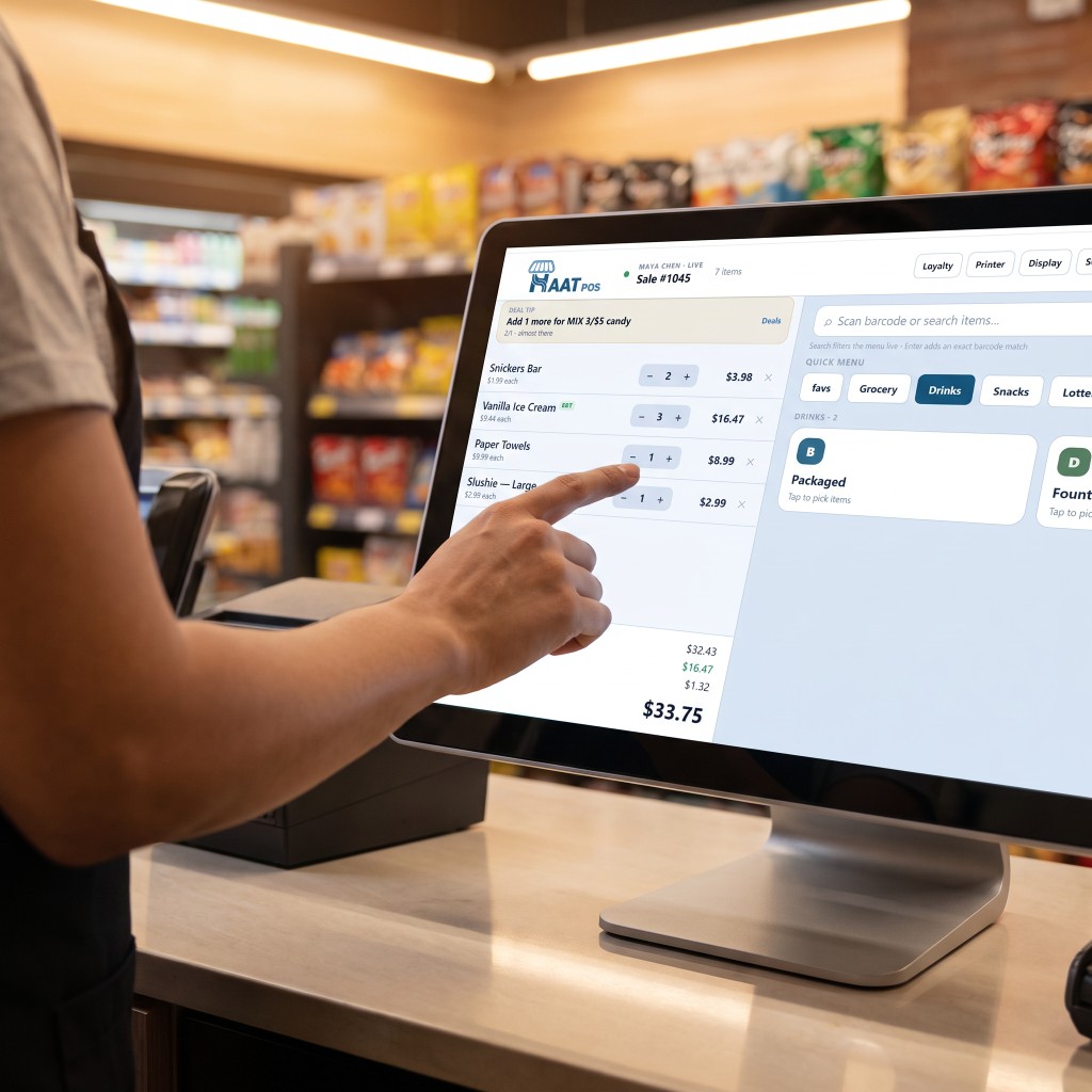 Cashier using HAAT POS on a touchscreen at the counter