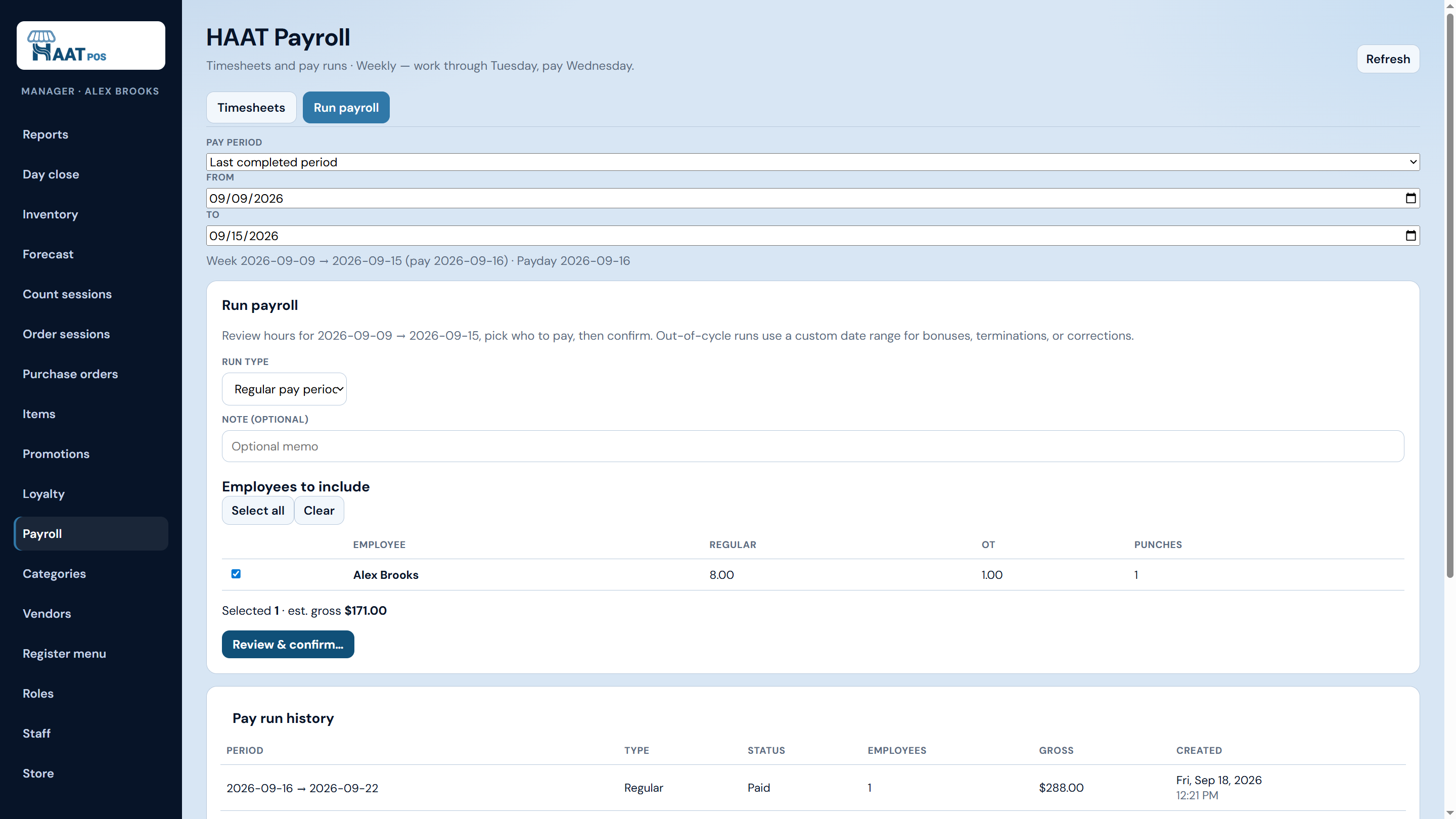 HAAT Payroll run screen with employees selected and pay run history