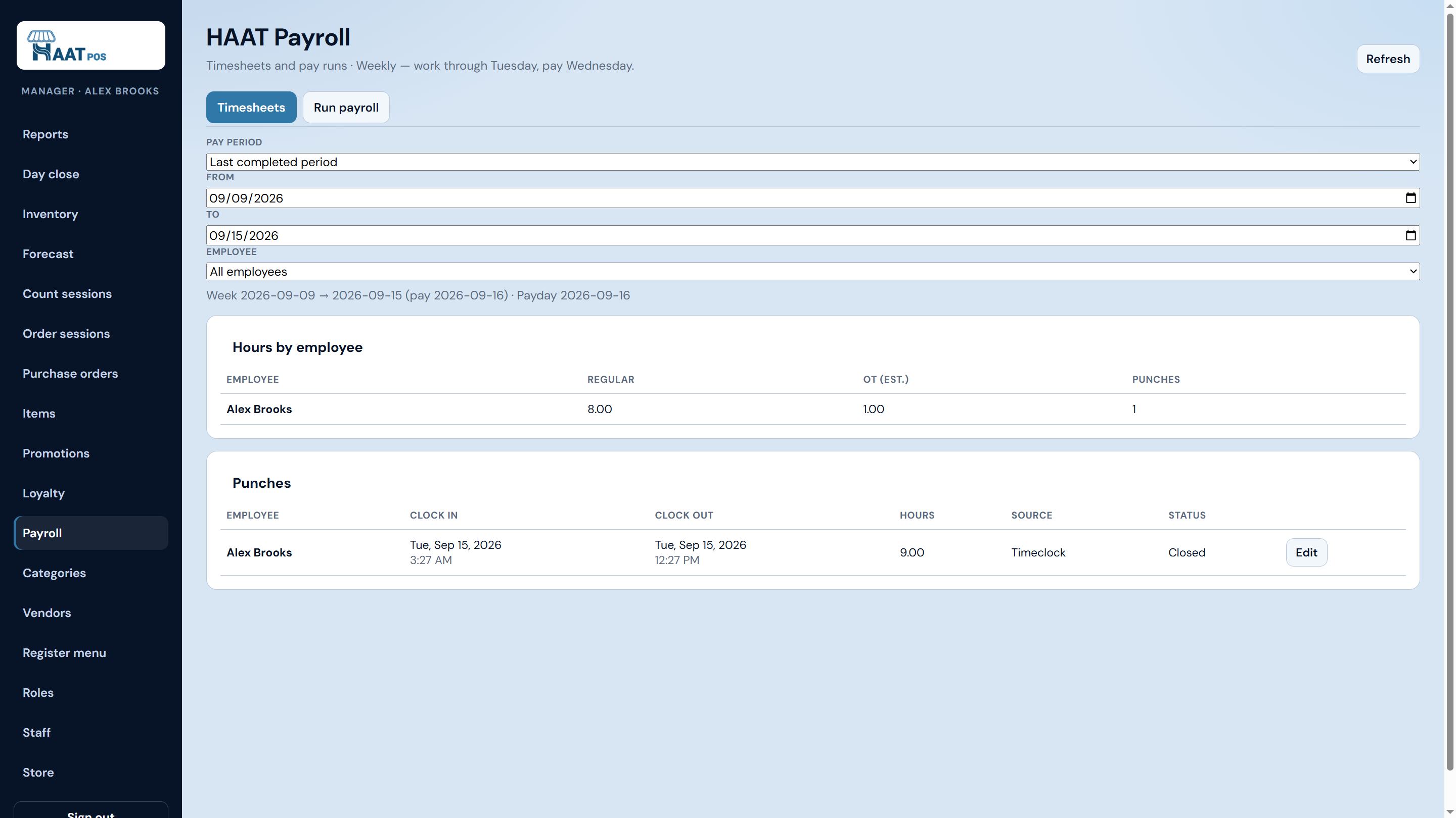 HAAT Payroll timesheets with hours by employee and punch history