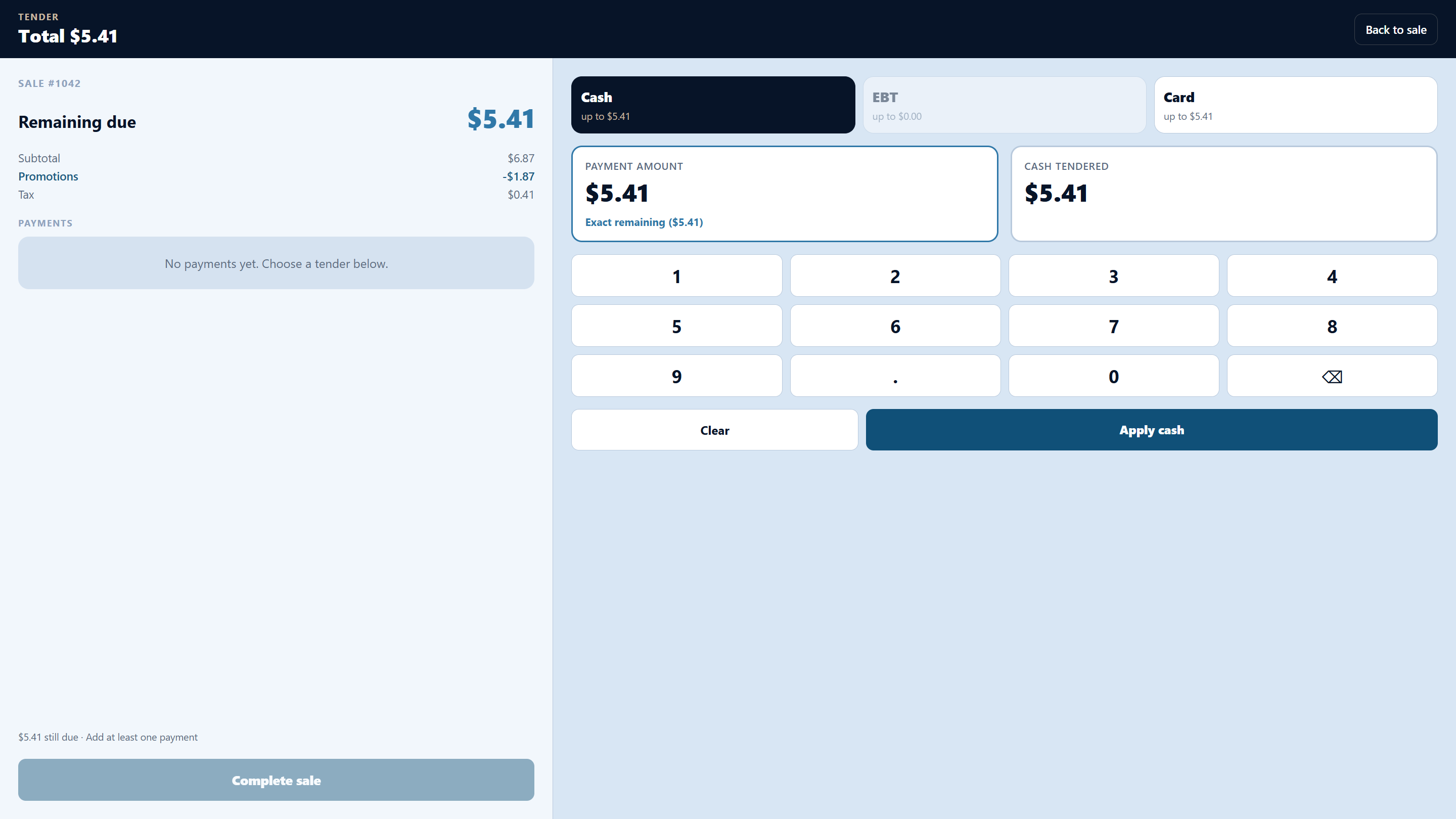 Tender screen with Cash EBT and Card tabs